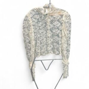 Vintage White lace long sleeve blouse with ruffled sleeves and high neck size S